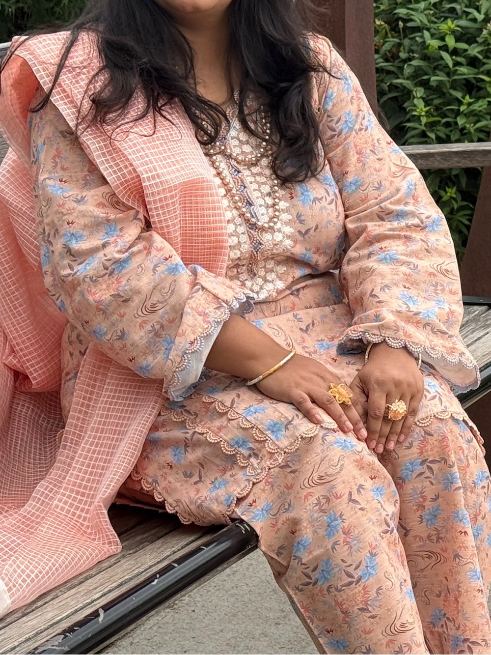 Original Agha Noor Peach Floral Embroidered Women’s Kurta Set with Scarf